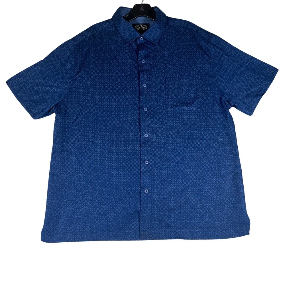 Nat Nast Luxury Originals Blue Silk Cotton Geometric Button Up Shirt‎ Mens Large